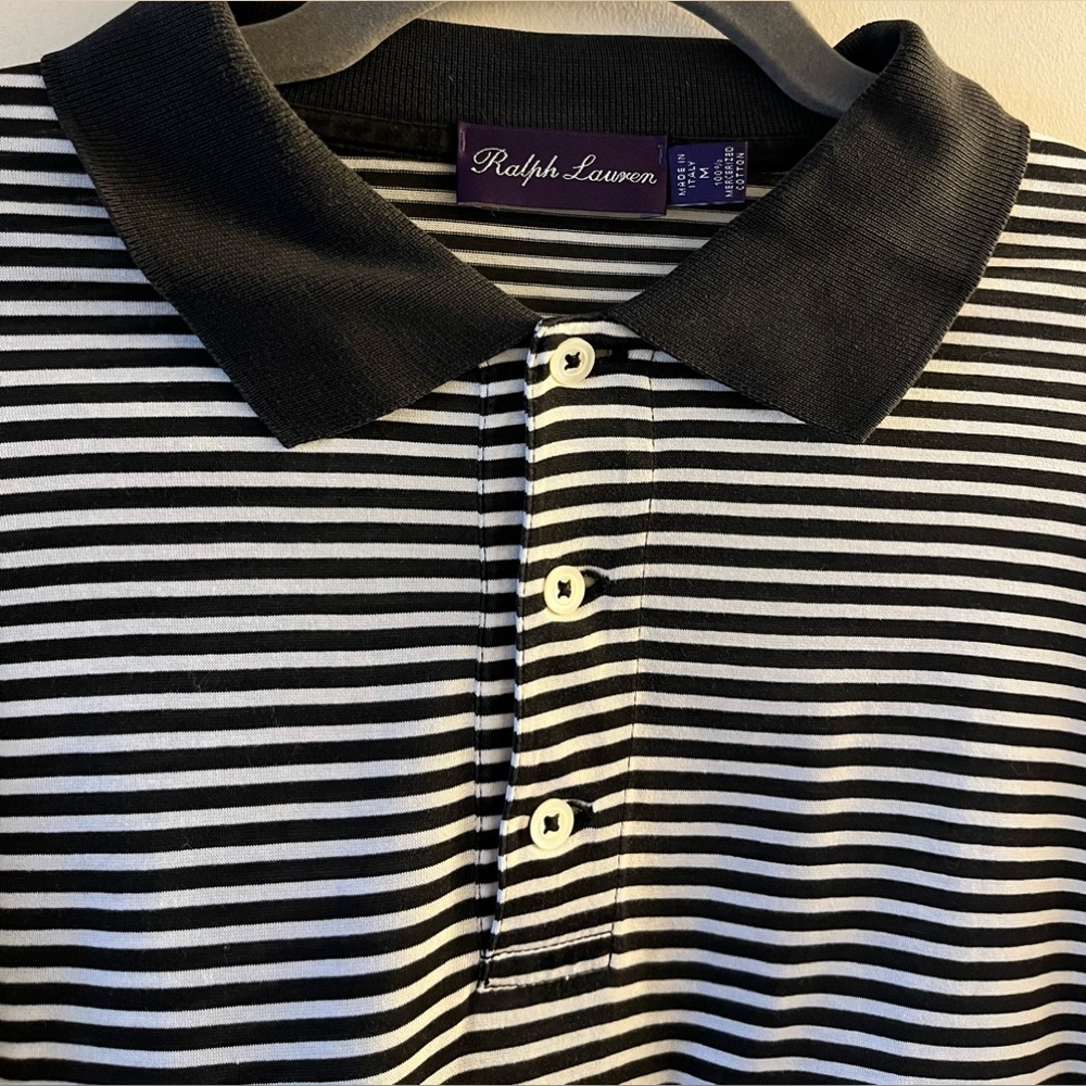 Ralph Lauren Purple Label Cotton Black and White Striped Polo Shirt - Picture 2 of 11